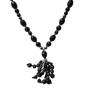 Vintage Black Beaded Tassel Pendant Necklace Unique Jewelry Special Occasions